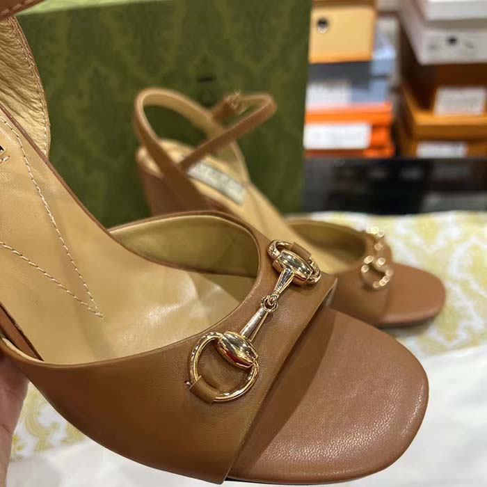 Gucci Women GG Horsebit Sandal Brown Leather High Heel Ankle Buckle