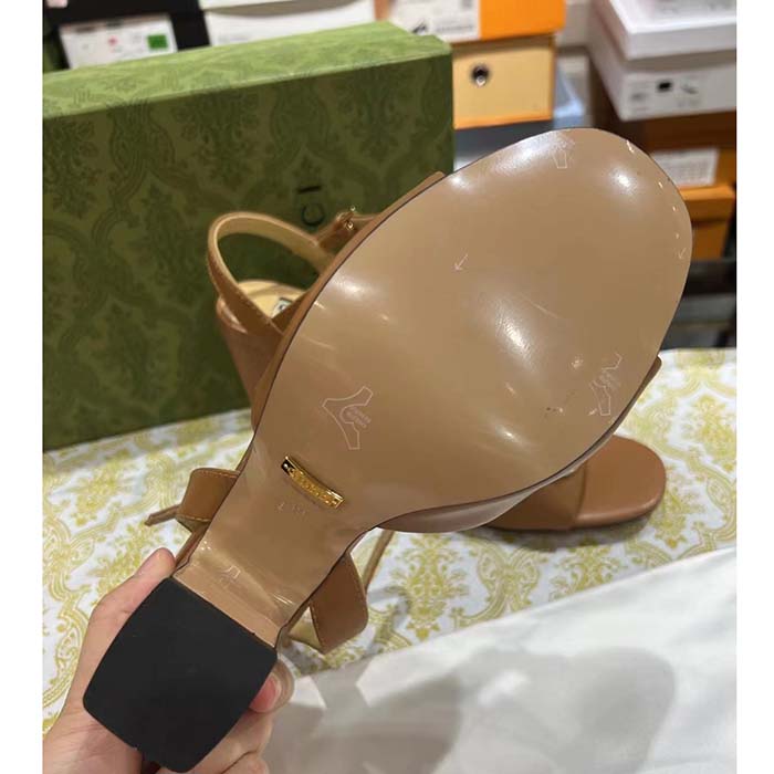 Gucci Women GG Horsebit Sandal Brown Leather High Heel Ankle Buckle