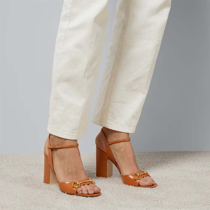 Gucci Women GG Horsebit Sandal Brown Leather High Heel Ankle Buckle