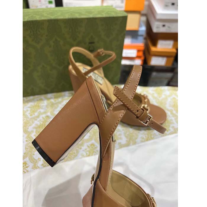 Gucci Women GG Horsebit Sandal Brown Leather High Heel Ankle Buckle