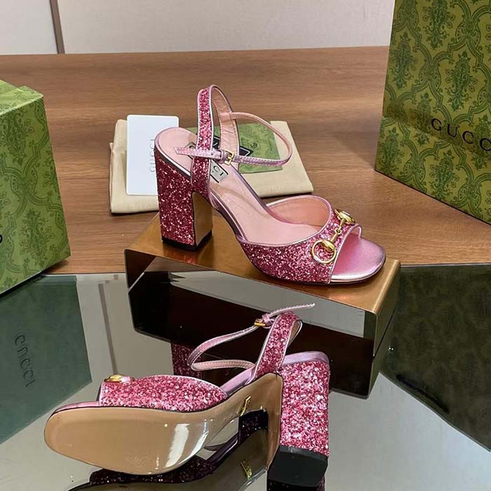 Gucci Women GG Horsebit Sandal Metallic Pink Leather Crystals Mid-Heel