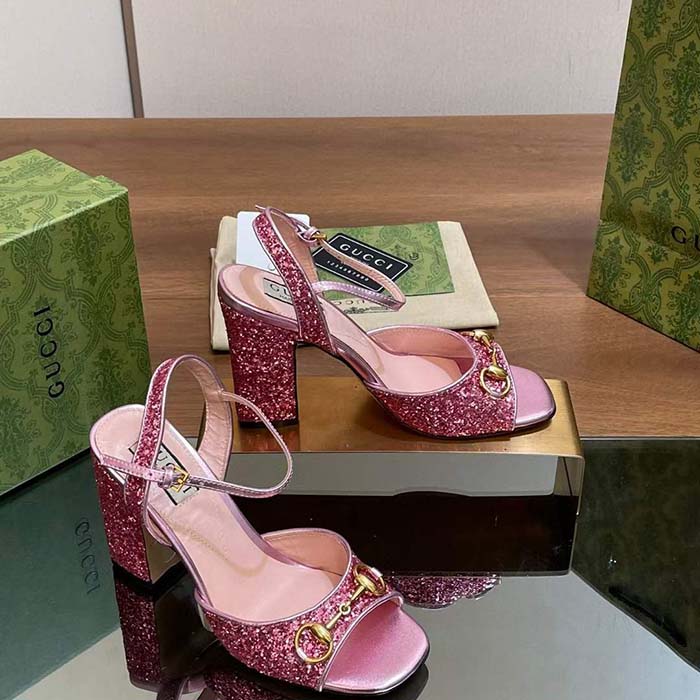 Gucci Women GG Horsebit Sandal Metallic Pink Leather Crystals Mid-Heel