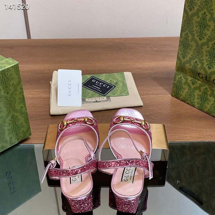 Gucci Women GG Horsebit Sandal Metallic Pink Leather Crystals Mid-Heel