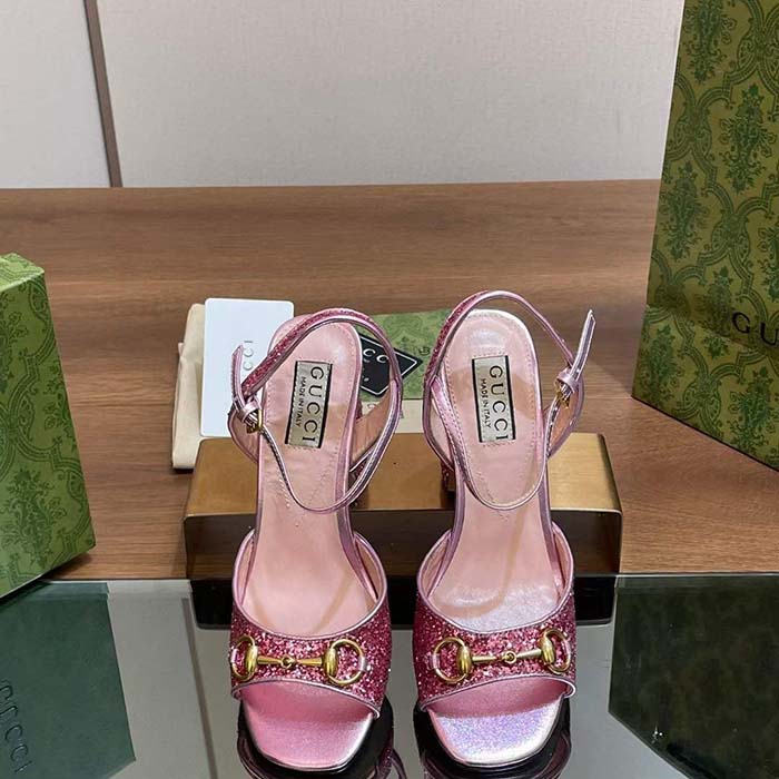 Gucci Women GG Horsebit Sandal Metallic Pink Leather Crystals Mid-Heel