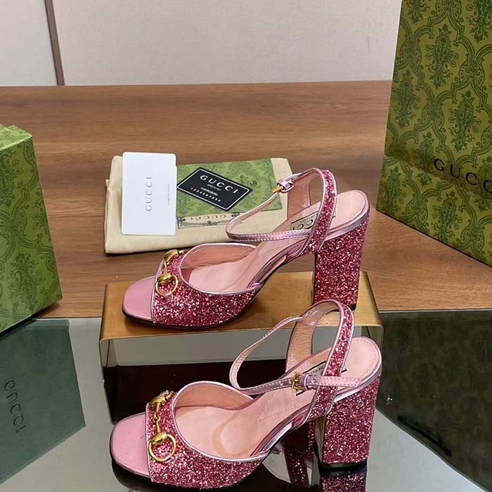 Gucci Women GG Horsebit Sandal Metallic Pink Leather Crystals Mid-Heel