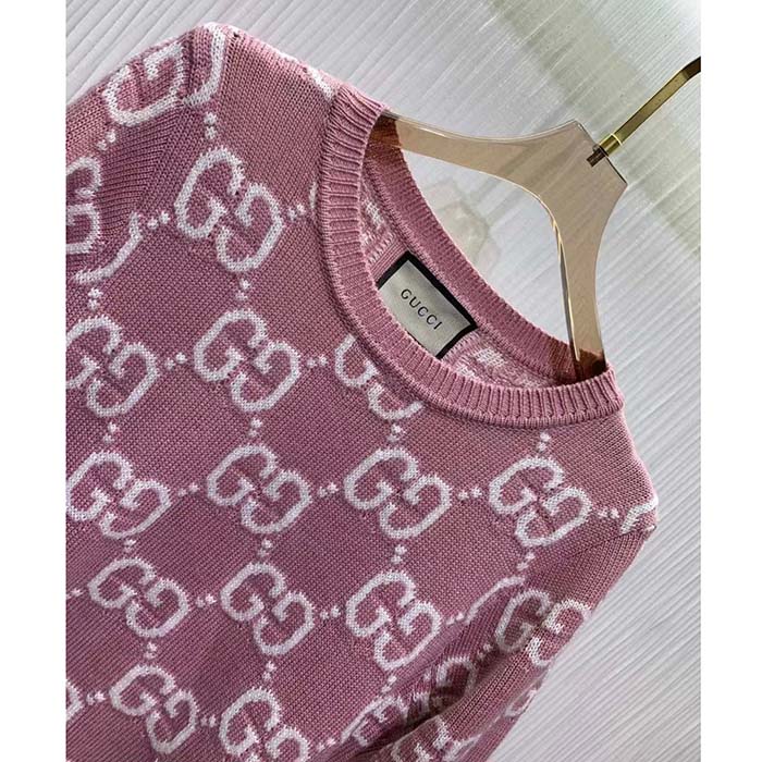 Gucci Women GG Knit Wool Top Pink Crewneck Short Sleeves
