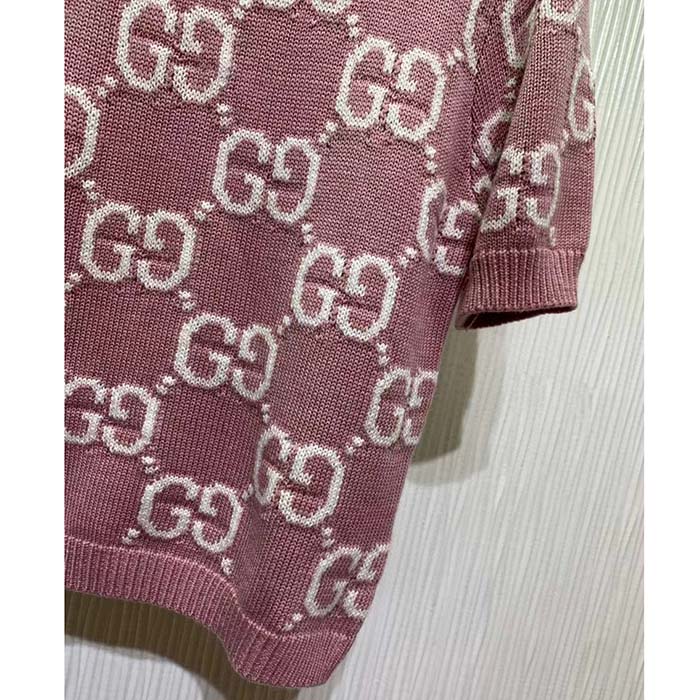Gucci Women GG Knit Wool Top Pink Crewneck Short Sleeves