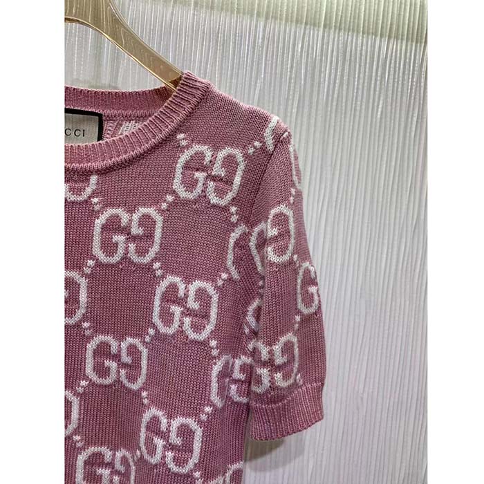 Gucci Women GG Knit Wool Top Pink Crewneck Short Sleeves