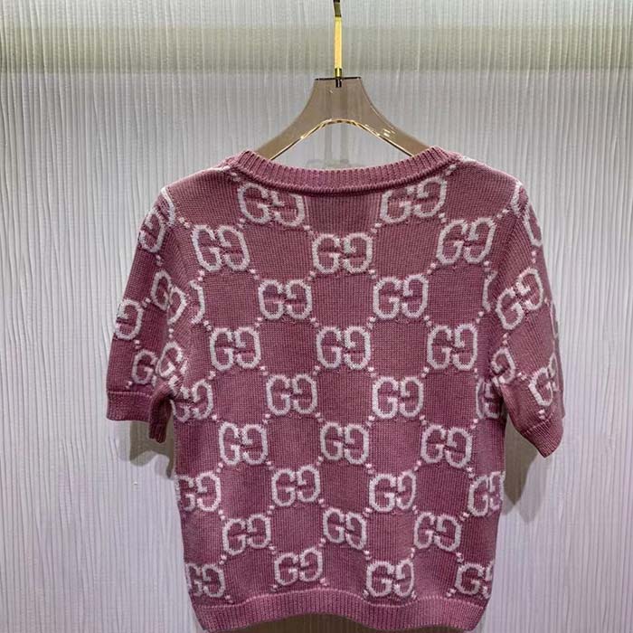 Gucci Women GG Knit Wool Top Pink Crewneck Short Sleeves