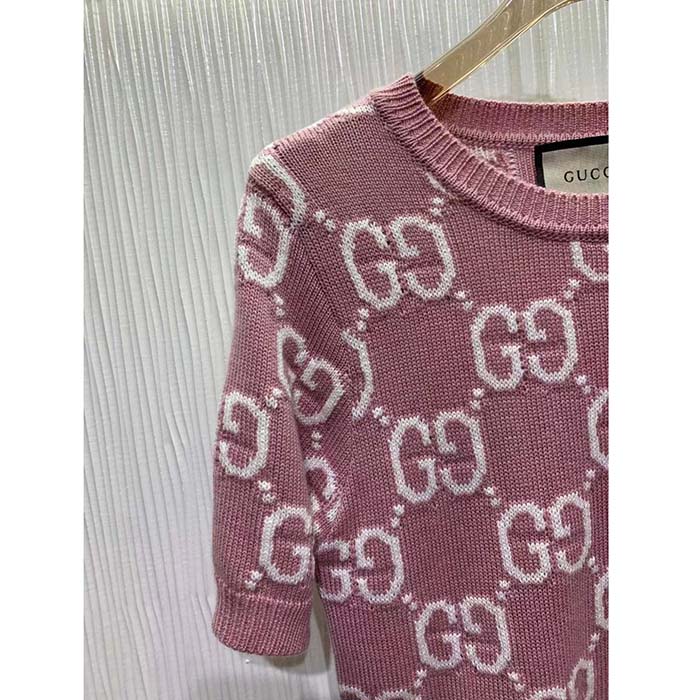 Gucci Women GG Knit Wool Top Pink Crewneck Short Sleeves