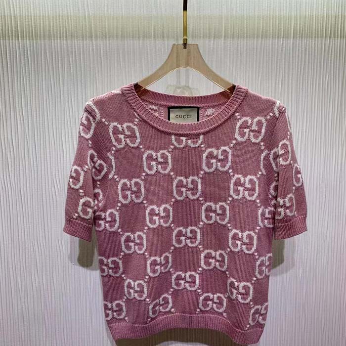 Gucci Women GG Knit Wool Top Pink Crewneck Short Sleeves