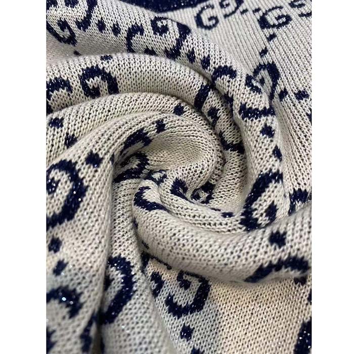 Gucci Women GG Lamé Jacquard Top Cotton Navy Crewneck Short Sleeves