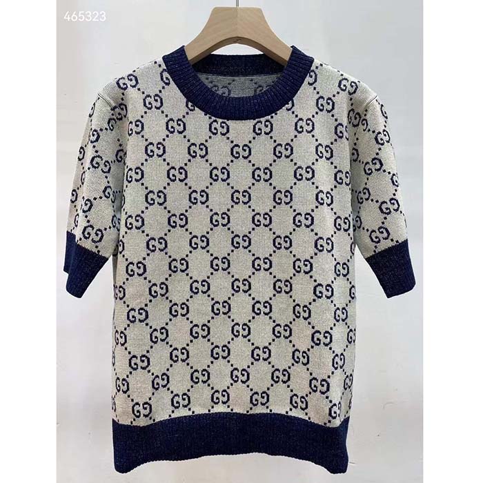 Gucci Women GG Lamé Jacquard Top Cotton Navy Crewneck Short Sleeves