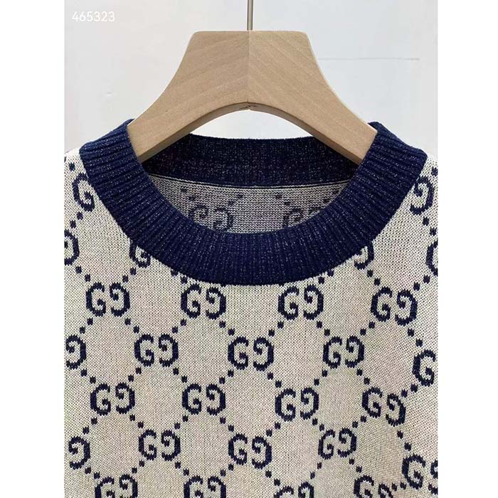 Gucci Women GG Lamé Jacquard Top Cotton Navy Crewneck Short Sleeves