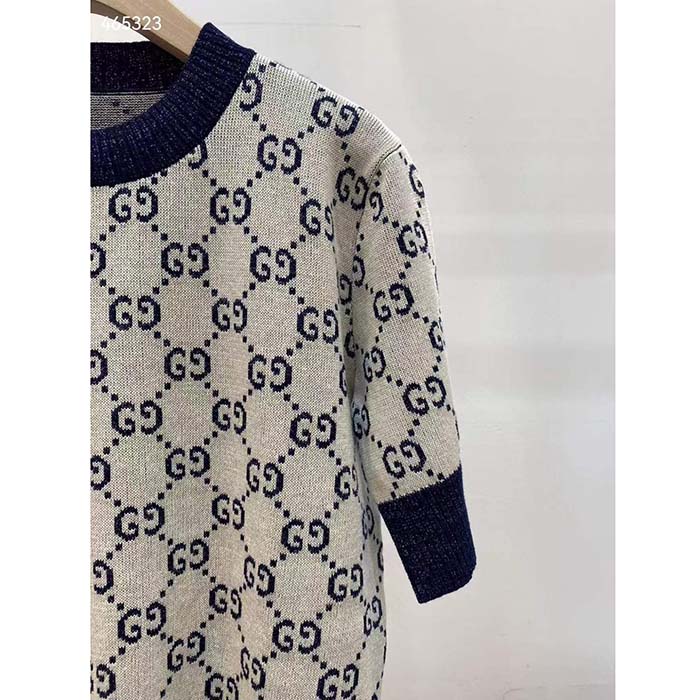 Gucci Women GG Lamé Jacquard Top Cotton Navy Crewneck Short Sleeves