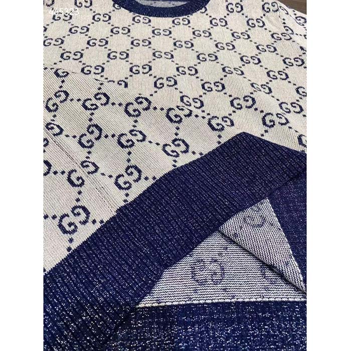 Gucci Women GG Lamé Jacquard Top Cotton Navy Crewneck Short Sleeves