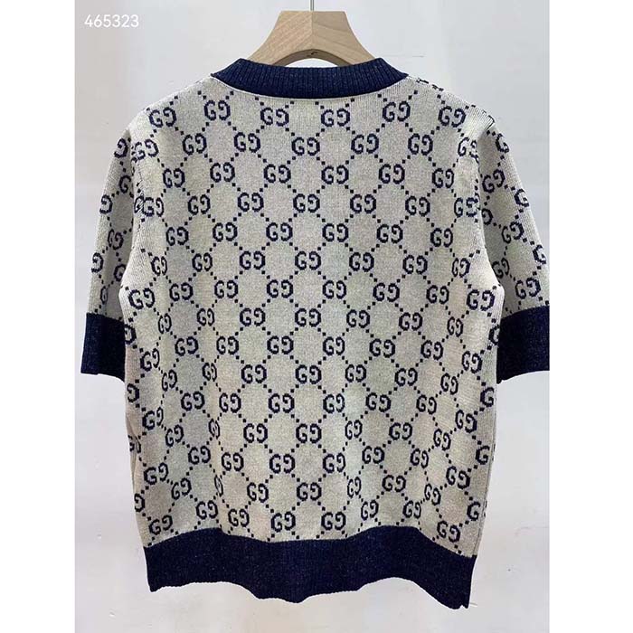 Gucci Women GG Lamé Jacquard Top Cotton Navy Crewneck Short Sleeves