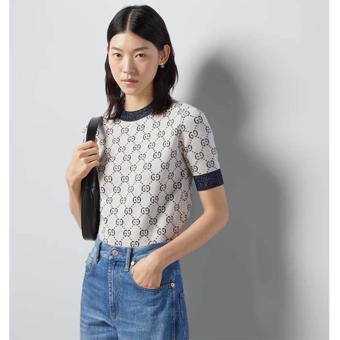 Gucci Women GG Lamé Jacquard Top Cotton Navy Crewneck Short Sleeves