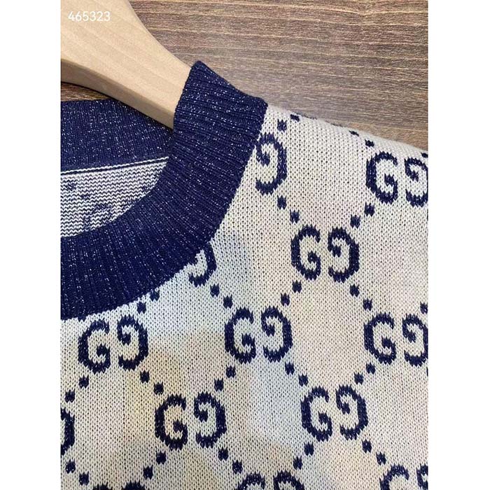 Gucci Women GG Lamé Jacquard Top Cotton Navy Crewneck Short Sleeves