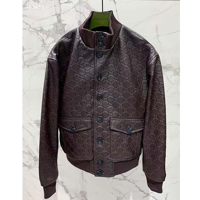 Gucci Men GG Leather Bomber Jacket Brown Lambskin Front Patch Pockets