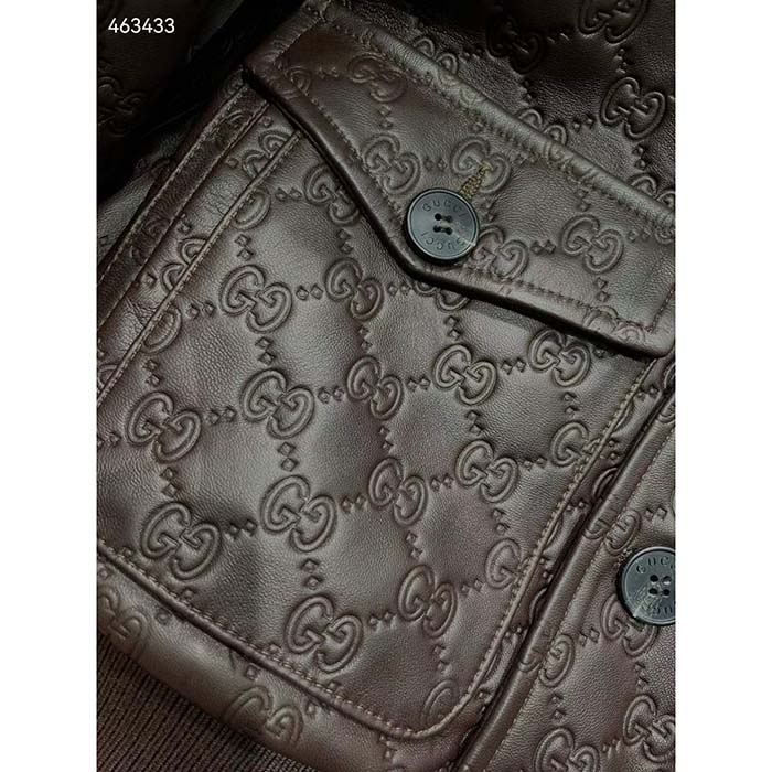 Gucci Men GG Leather Bomber Jacket Brown Lambskin Front Patch Pockets