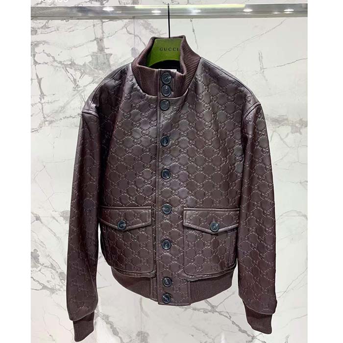 Gucci Men GG Leather Bomber Jacket Brown Lambskin Front Patch Pockets
