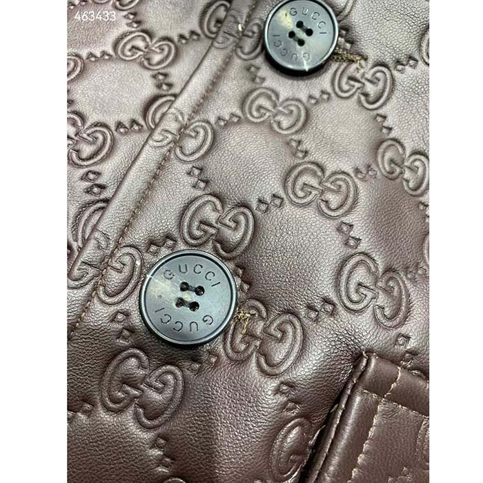 Gucci Men GG Leather Bomber Jacket Brown Lambskin Front Patch Pockets