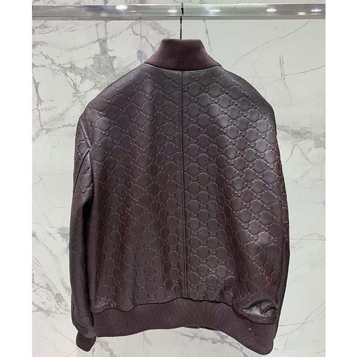 Gucci Men GG Leather Bomber Jacket Brown Lambskin Front Patch Pockets