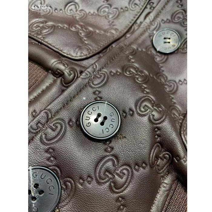 Gucci Men GG Leather Bomber Jacket Brown Lambskin Front Patch Pockets