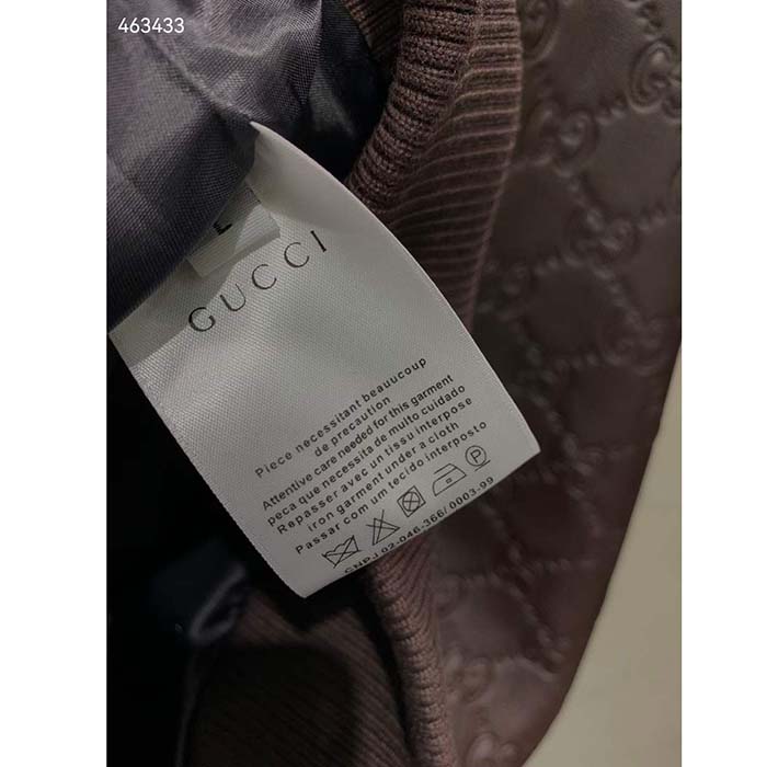 Gucci Men GG Leather Bomber Jacket Brown Lambskin Front Patch Pockets
