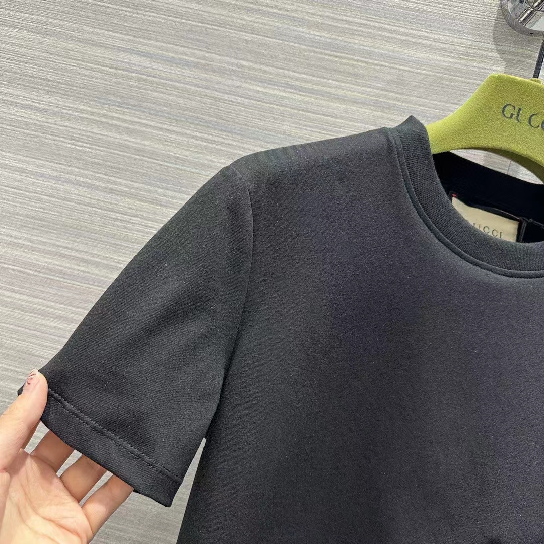 Gucci Women GG Light Cotton Jersey Shirt Black Crystal Short Sleeves
