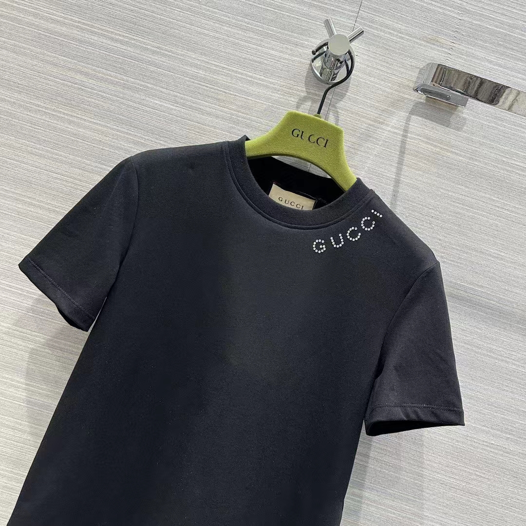 Gucci Women GG Light Cotton Jersey Shirt Black Crystal Short Sleeves