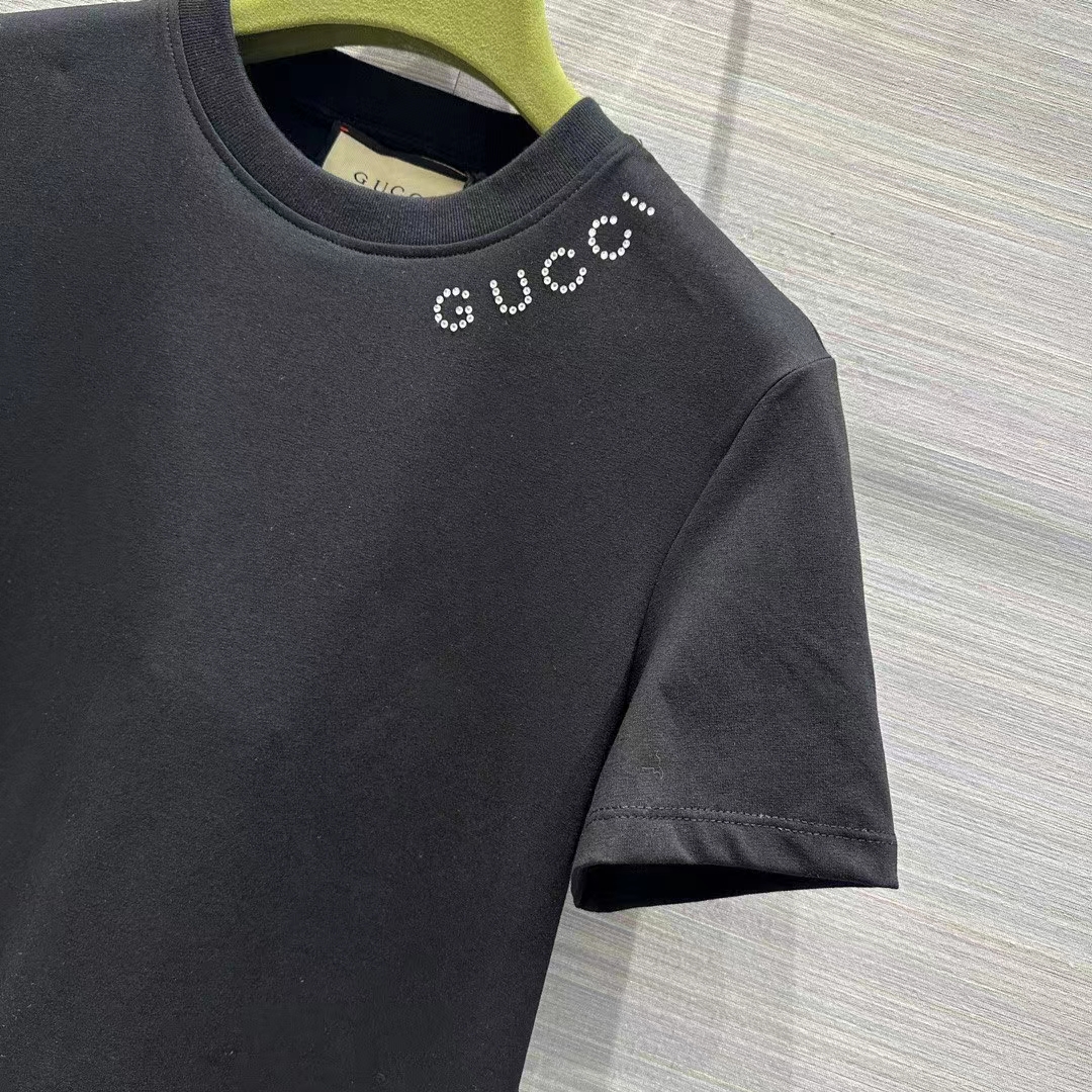 Gucci Women GG Light Cotton Jersey Shirt Black Crystal Short Sleeves
