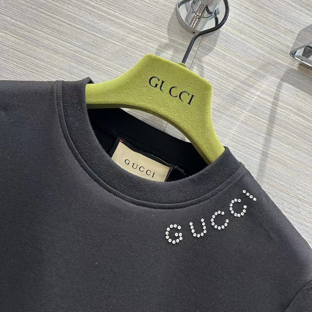 Gucci Women GG Light Cotton Jersey Shirt Black Crystal Short Sleeves