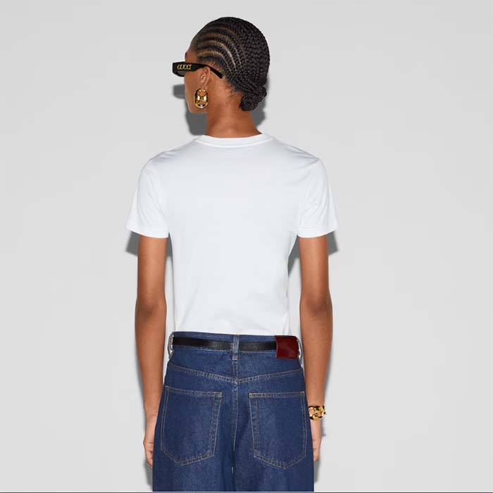 Gucci Women GG Light Cotton Jersey Shirt Crystal Round Neck Short Sleeves