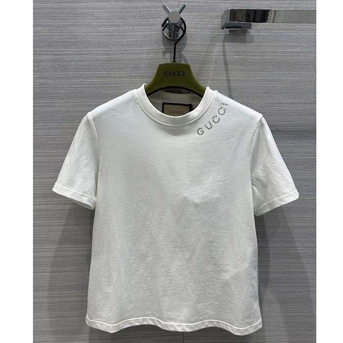 Gucci Women GG Light Cotton Jersey Shirt Crystal Round Neck Short Sleeves