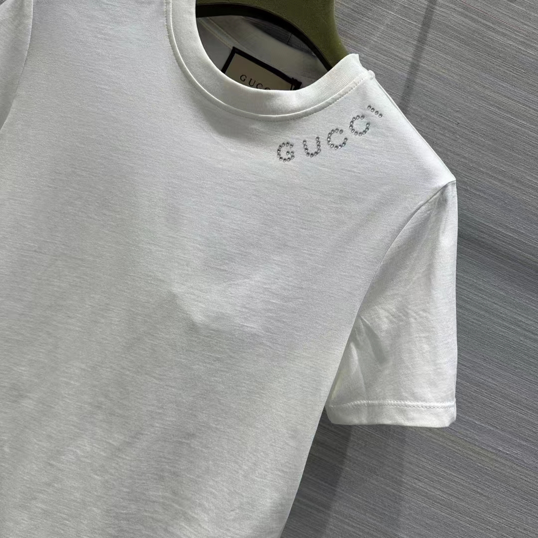 Gucci Women GG Light Cotton Jersey Shirt Crystal Round Neck Short Sleeves