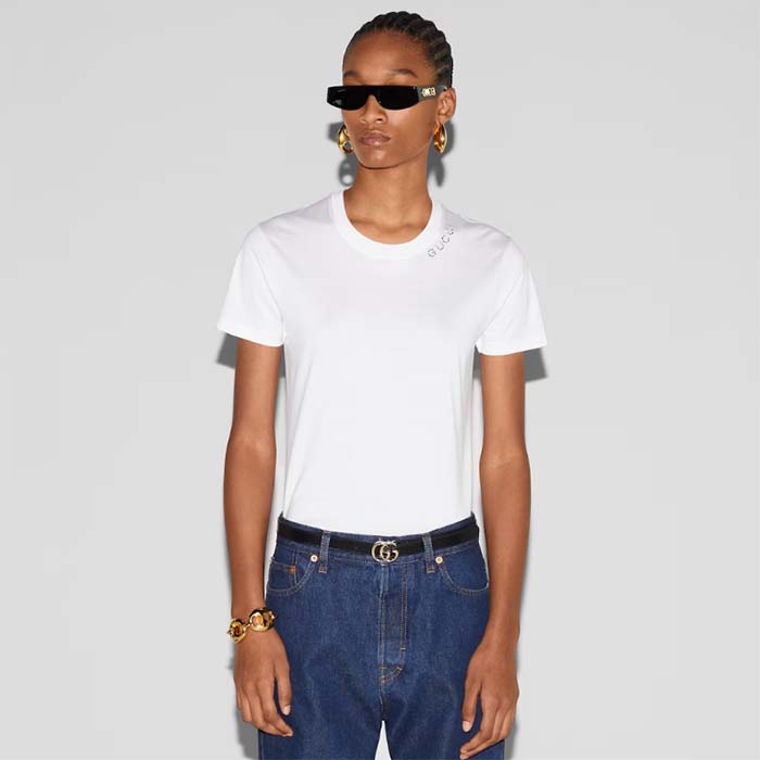 Gucci Women GG Light Cotton Jersey Shirt Crystal Round Neck Short Sleeves