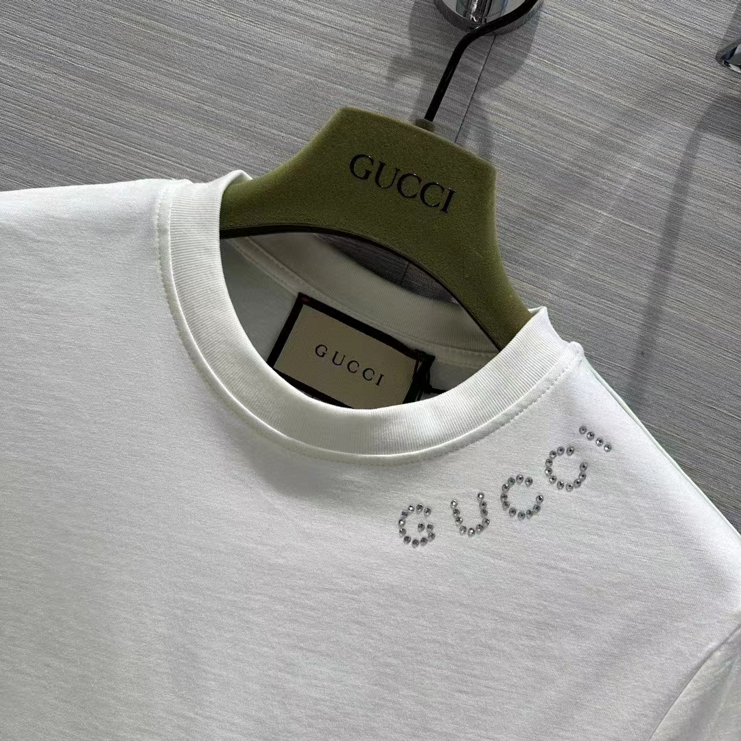 Gucci Women GG Light Cotton Jersey Shirt Crystal Round Neck Short Sleeves