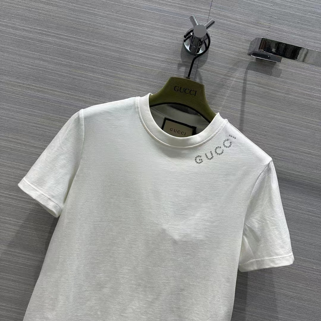 Gucci Women GG Light Cotton Jersey Shirt Crystal Round Neck Short Sleeves