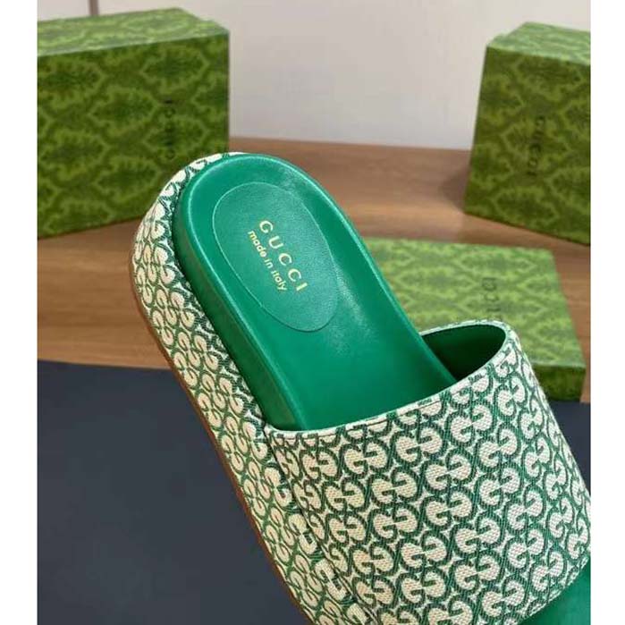 Gucci Women GG Platform Slide Sandal Ivory Green Canvas Jacquard