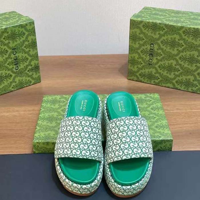 Gucci Women GG Platform Slide Sandal Ivory Green Canvas Jacquard