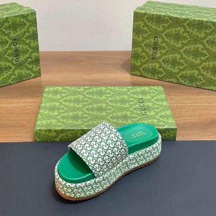 Gucci Women GG Platform Slide Sandal Ivory Green Canvas Jacquard