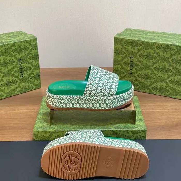 Gucci Women GG Platform Slide Sandal Ivory Green Canvas Jacquard