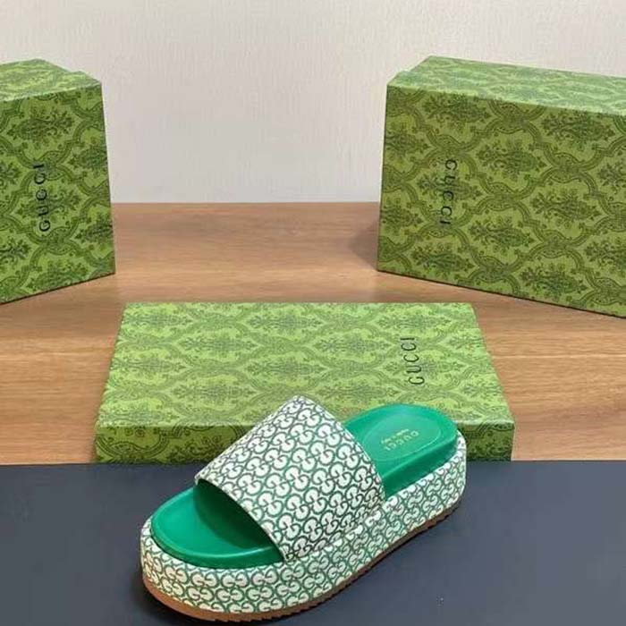 Gucci Women GG Platform Slide Sandal Ivory Green Canvas Jacquard