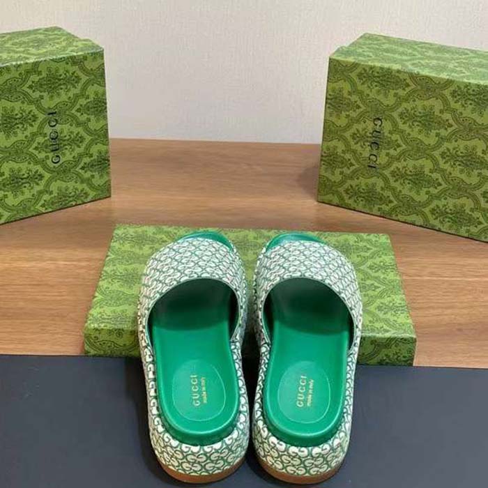 Gucci Women GG Platform Slide Sandal Ivory Green Canvas Jacquard