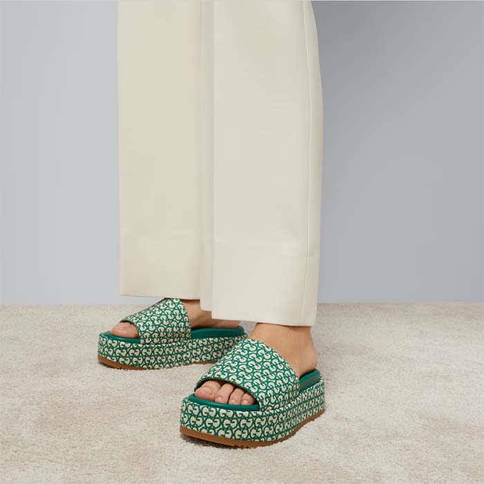 Gucci Women GG Platform Slide Sandal Ivory Green Canvas Jacquard