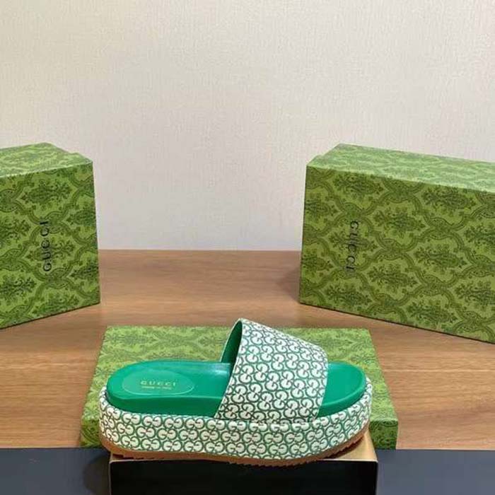 Gucci Women GG Platform Slide Sandal Ivory Green Canvas Jacquard