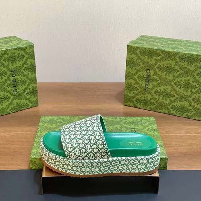 Gucci Women GG Platform Slide Sandal Ivory Green Canvas Jacquard
