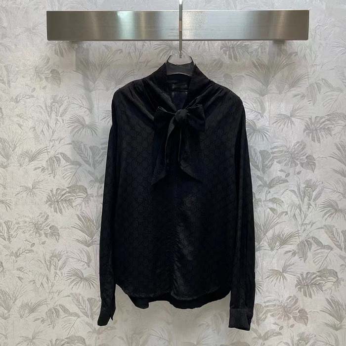Gucci Women GG Silk Crêpe Shirt Neck Bow V Neck Gathered Yoke